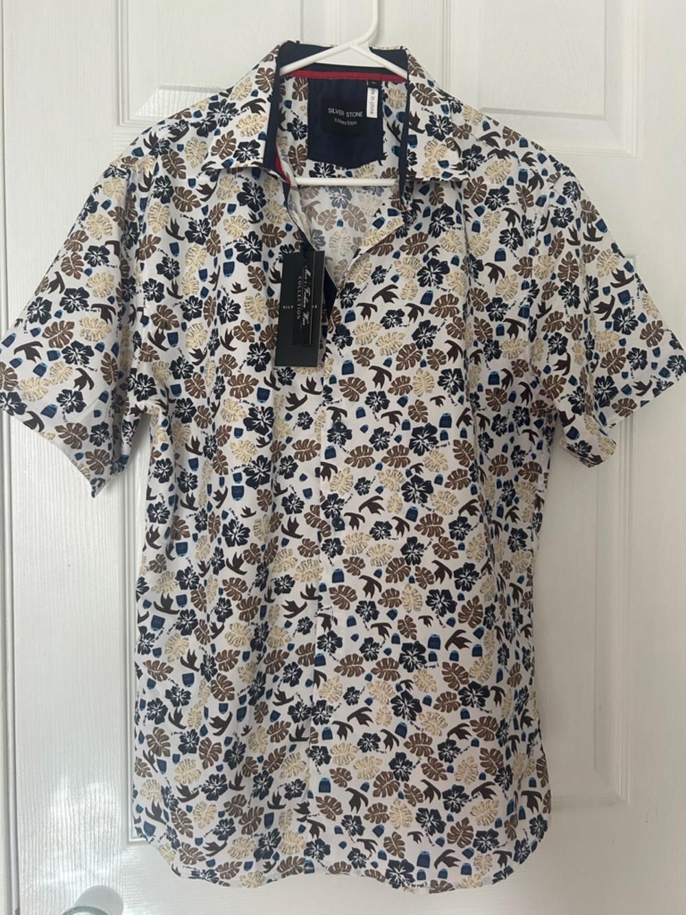 Silver Ston Floral Short-Sleeve Button-Down Shirt - White with Navy & Brown